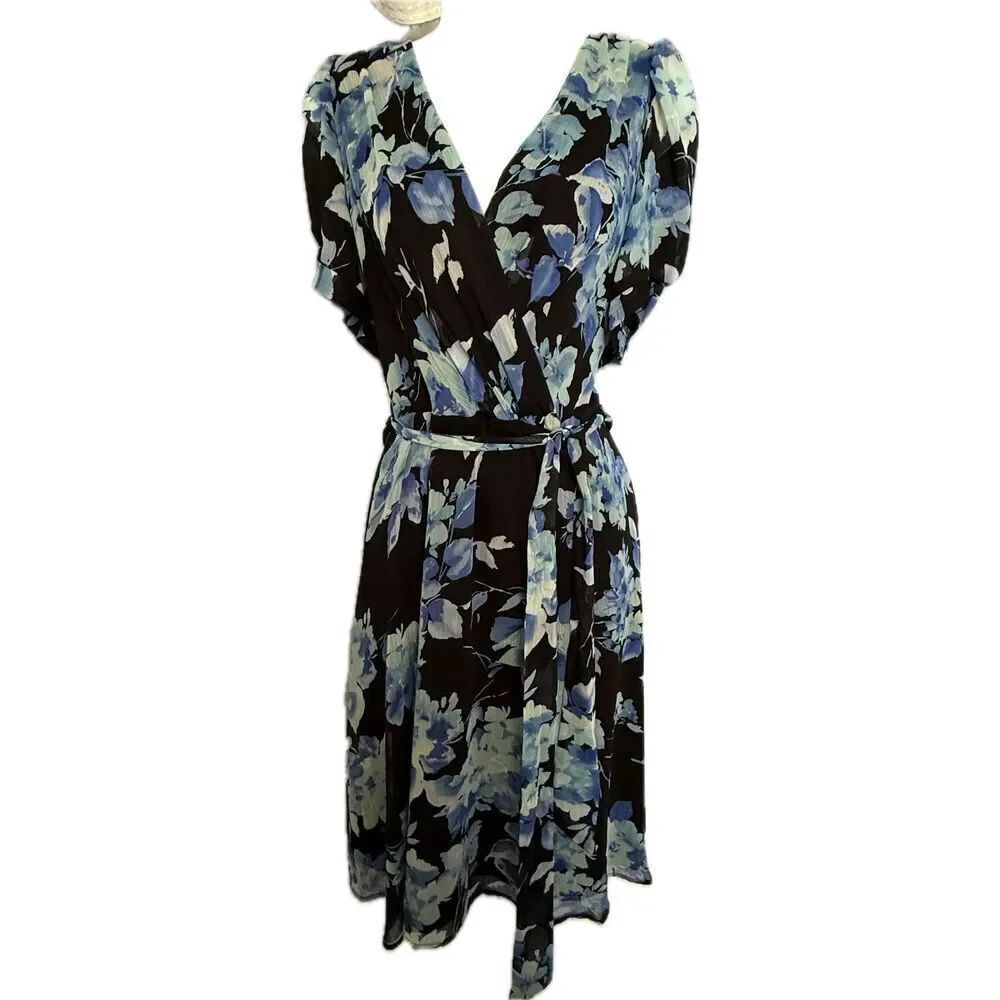 Connected Apparel Blue and Black Floral Dress Women’s Reg Size 12 V729